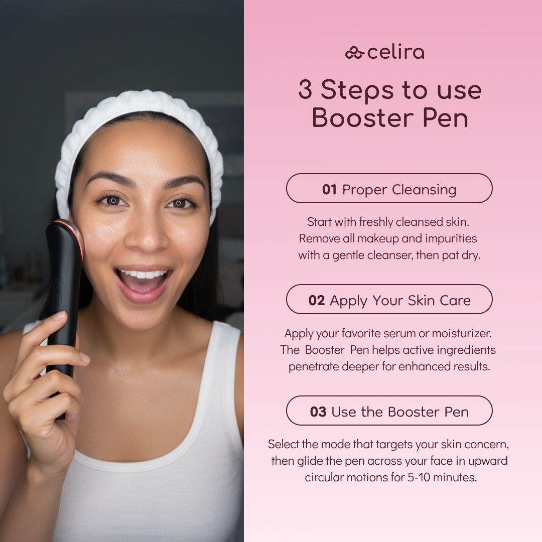 Woman using a skin care booster pen with Celira's step-by-step guide on a pink background | 1