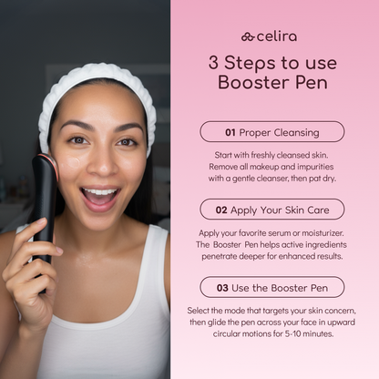 Woman using a skin care booster pen with Celira's step-by-step guide on a pink background | 1