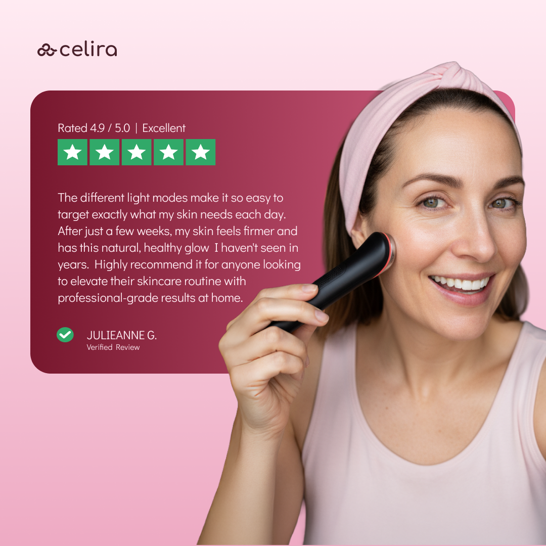 Woman using a skincare device with a positive review displayed on a pink background | 1