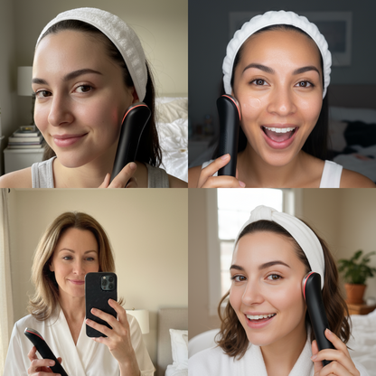 Four women using a facial cleansing brush in different settings. | 1